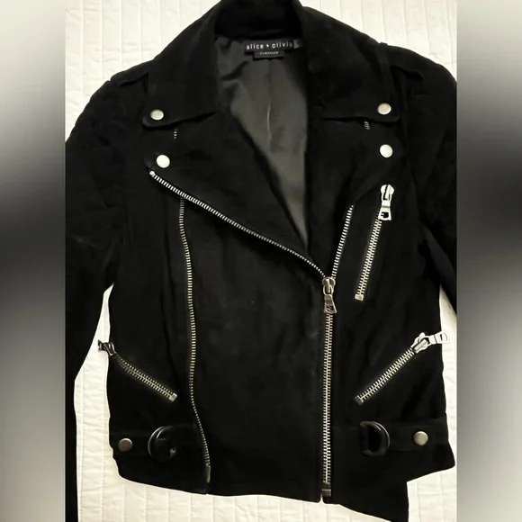 Alice + Olivia Miles Genuine Goat Suede Leather Quilted Zip Moto Jacket Black - Picture 5 of 10